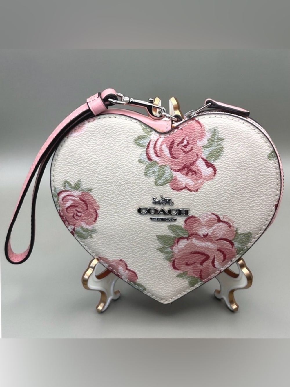 Coach Jumbo Floral Heart Wristlet Pink Rose Floral Print Coated Canvas Leather